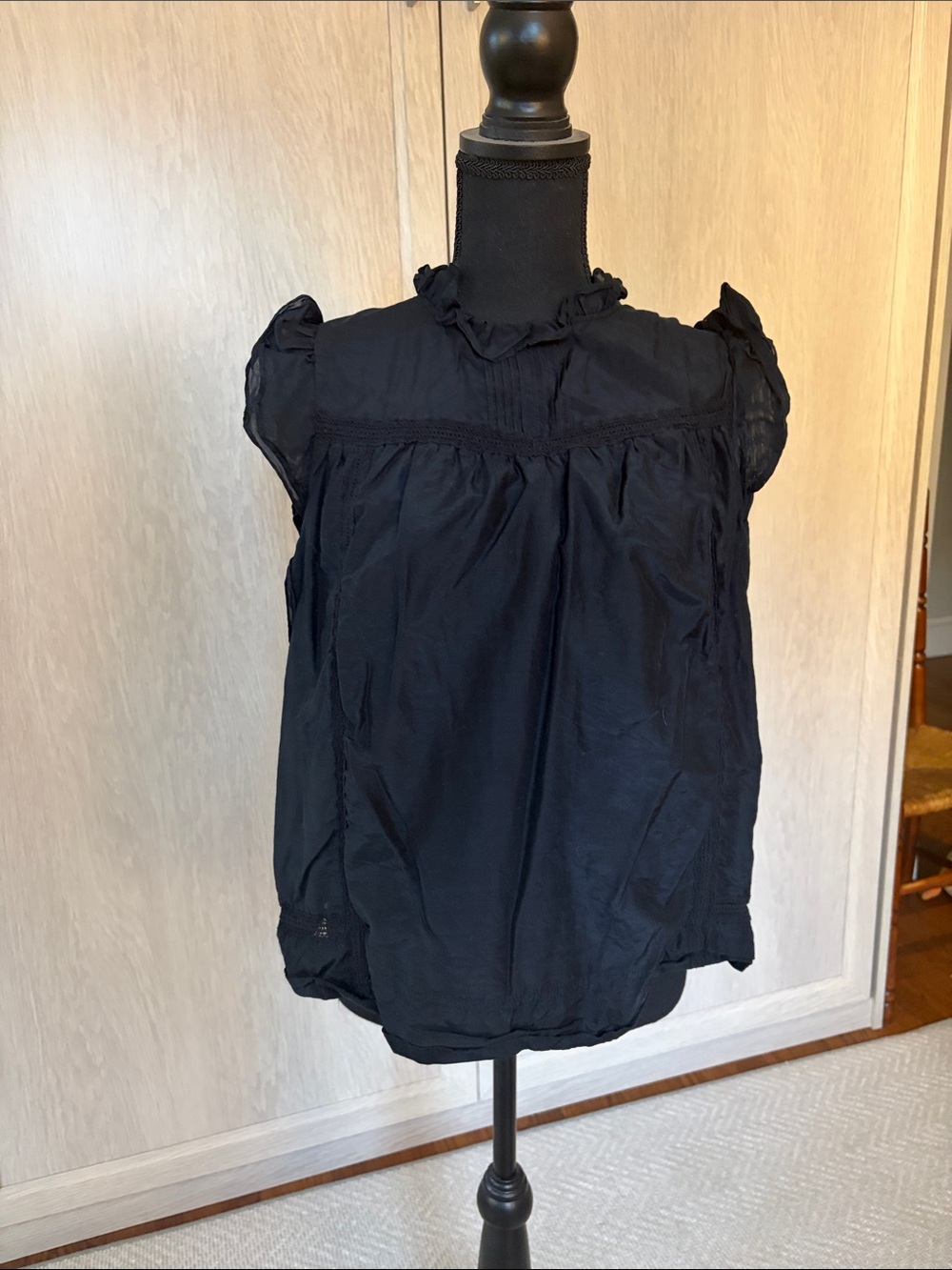 J. Crew Black Ruffle Yoke Cap Sleeve Blouse
